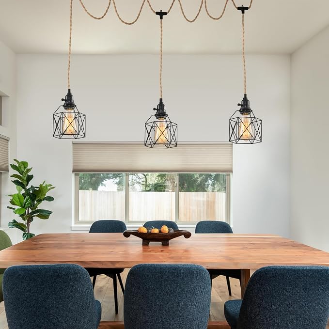 3-Light Hanging Light with Plug in Cord,Plug in Pendant Light 22ft Hemp Rope Pendant Lighting Vintage 3-Light Hanging Lamp Fixtures for Kitchen Island Living Room Bedroom