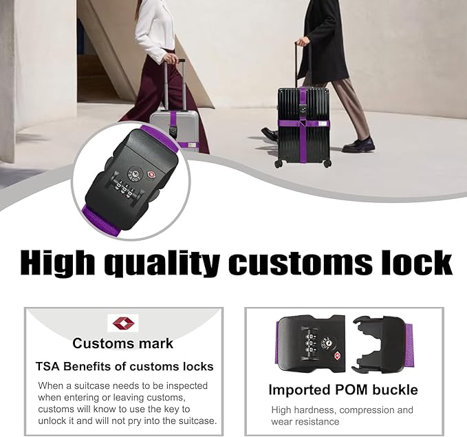 Luggage Straps TAS,Travel Strap with Name tag,Easy to Identify,Luggage Straps TSA Approved with Lock,Combination Luggage Lock with Adjustable Length,Compatible with 20-34 inch Luggage(Purple 1 Pack)