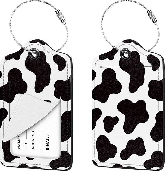 2 Pcs Luggage Tag for Suitcases, Cute Cow PU Leather Suitcase Tag Privacy Cover Name ID Label with Metal Loop, Personalized Baggage Identifier for Women Cruise Bag Travel Essentials