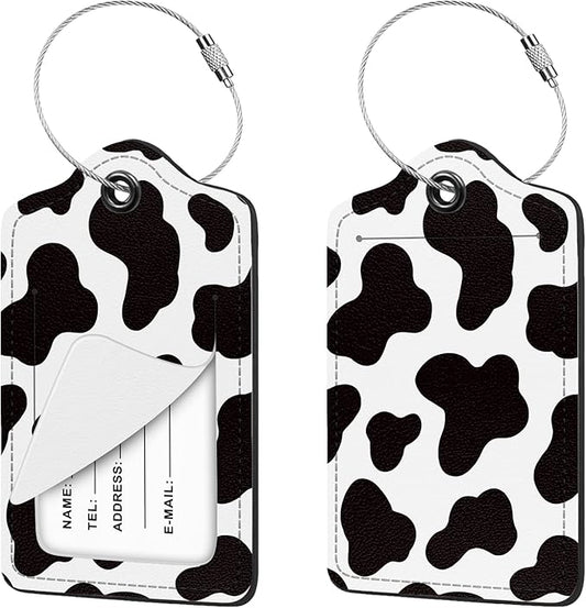 2 Pcs Luggage Tag for Suitcases, Cute Cow PU Leather Suitcase Tag Privacy Cover Name ID Label with Metal Loop, Personalized Baggage Identifier for Women Cruise Bag Travel Essentials