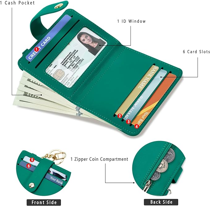 Airkit Small Wallets Woman RFID Blocking Leather Credit Card Holder - with ID Window - Card Wallets for Women - with Zipper Coin Purse - Keychain Wallet