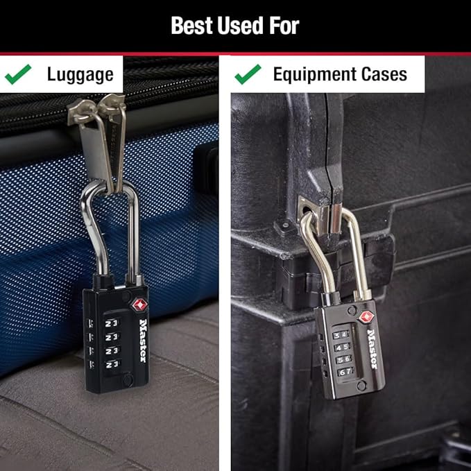 Master Lock Padlock, Set Your Own Combination TSA Accepted Luggage Lock, 1-5/16 in. Wide, Black, 4 pk, 4696EC4