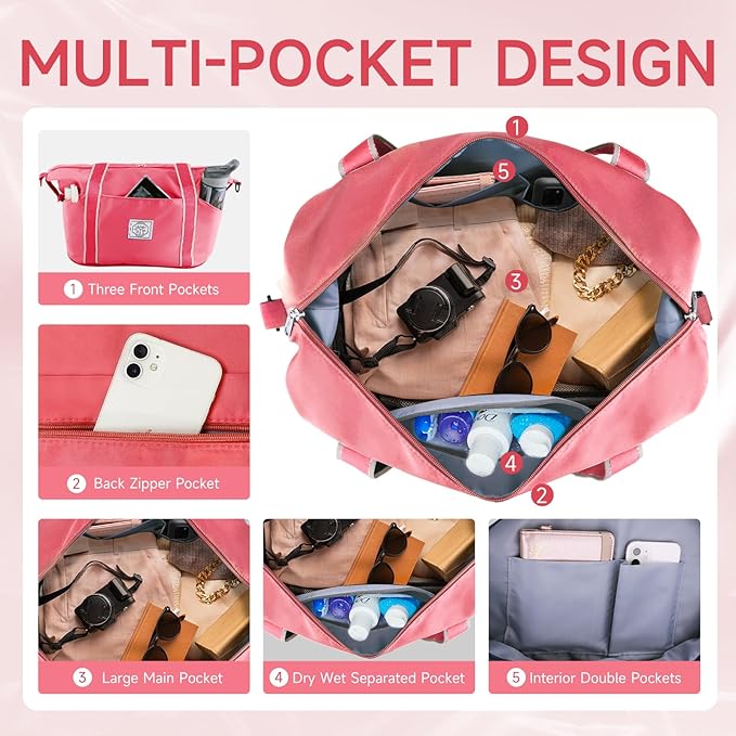 WALNEW Travel Duffel Bag, Weekender Overnight Carry On Bag for Women Men, Foldable Waterproof Gym Luggage Duffle Bag with Metal Buckle Detachable Shoulder Strap and Wet Compartment (living Coral)