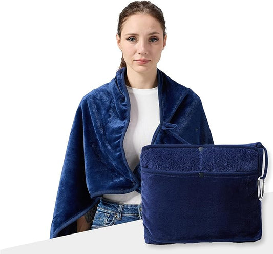 Travel Blanket with Carry Bag, Lightweight Wearable Airplane Blanket, Soft Packable Throw for Travel & Office Navy Blue