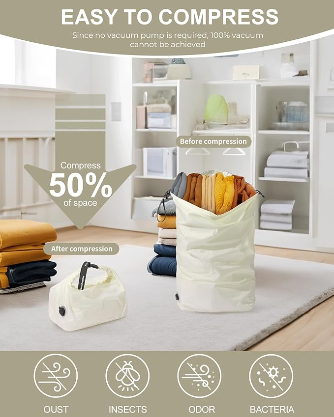 Travel Laundry Bag, Pump-free Vacuum Compression Dirty Clothes Bag, Medium Reusable Waterproof & Washable Laundry Bag, Wet and Dry Bag, Ideal for Suitcases, Laundromats (1 Pack) White