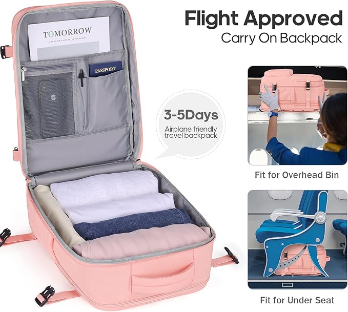 Bagsure Travel Backpack, 42L Carry on Luggage, Flight Approved Expandable Backpack, Laptop Backpack (Pink(Without 4 Packing Cubes))