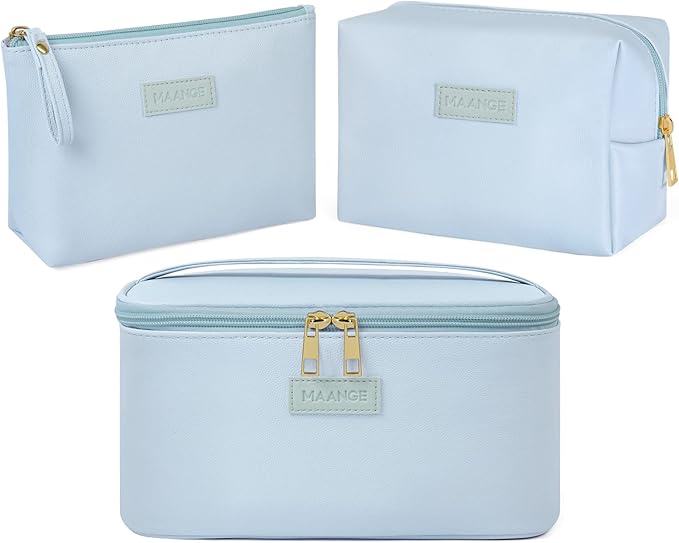 MAANGE Makeup Bag Large Cosmetic Bag with 2pcs Small Makeup Bags Portable Leather Travel Makeup Bag Set Toiletry Bag Make Up Bags for Women and Girls (Blue)