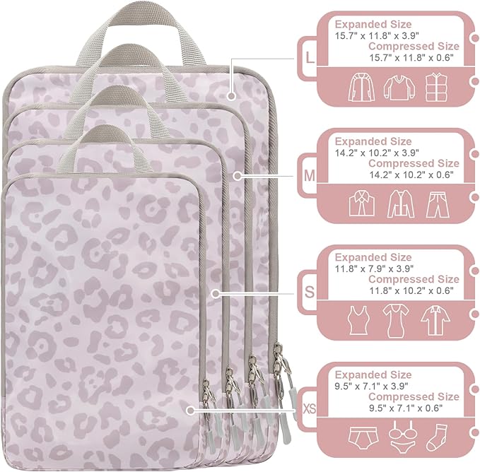 WOOMADA Compression Packing Cubes for Suitcases Travel Essentials 4 Set Expandable Travel Bags Organizer for Luggage(pink leopard)