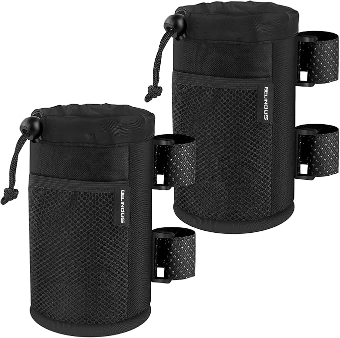 Belinous 2 Pack UTV Cup Holder for 8-32oz Bottles, Roll Bar Water Bottle Holder for UTV Wheelchair Walker Bike e-Bike Golf Cart Scooter and Boat, Drink Holder with Net Pockets and Hook and Loop Straps