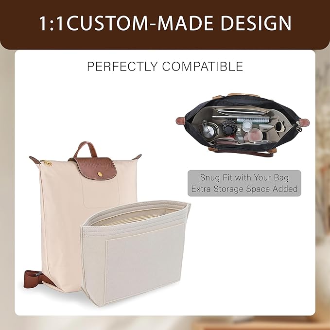 Premium Felt Purse Organizer Insert for Longchamp Le Pliage, Zipper Long Champ Bag Organizer Insert with Cup Holder, 8 Compartments