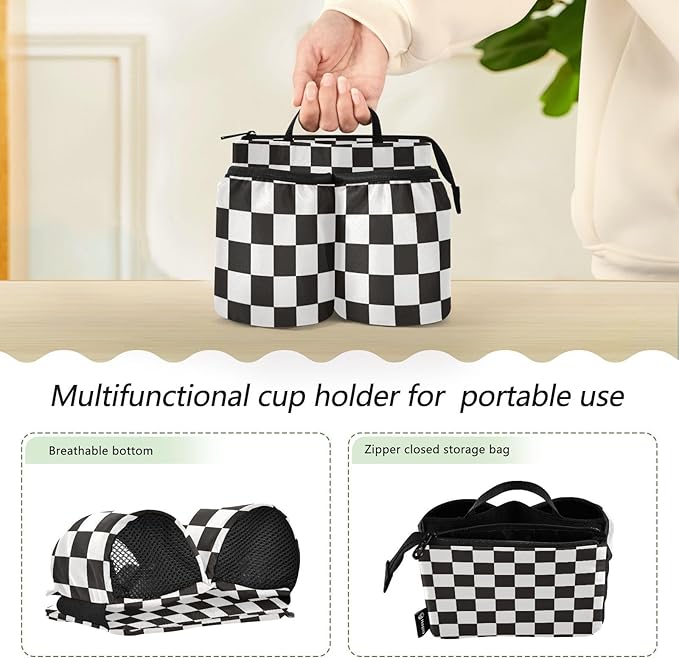 Checkered Black Luggage Cup Holder Travel Portable Free Hand Drink Carrier Suitcase Drinks Beverage Holder Carry-On Bottle Mug Holder Organizer Bag Travelers Accessories