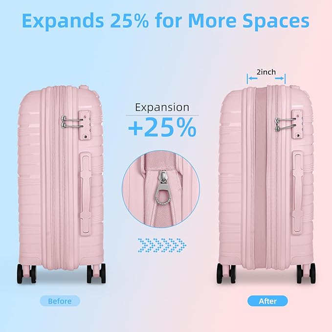 LARVENDER Luggage Sets 3 Piece, Expandable Carry On Luggage 22x14x9 Airline Approved, 20 Inch Hardshell & Lightweight PP Carry On Suitcase for Women with Spinner Wheels TSA Lock, Light Pink