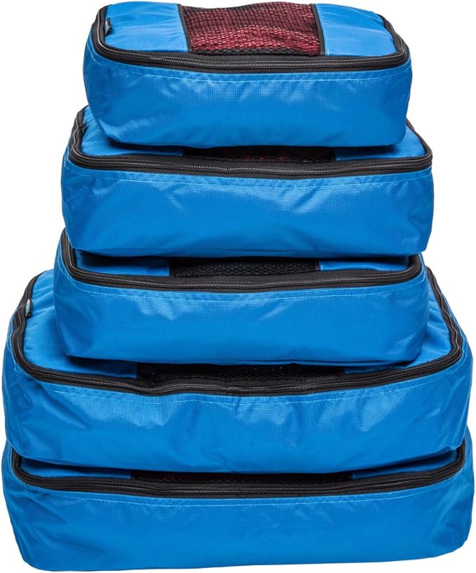 TravelWise 5 Piece Packing Cubes Set, Lightweight Luggage Organizer with Mesh Panels and 2 Way Zippers, Includes Small, Medium and Large Cubes for Travel, Blue