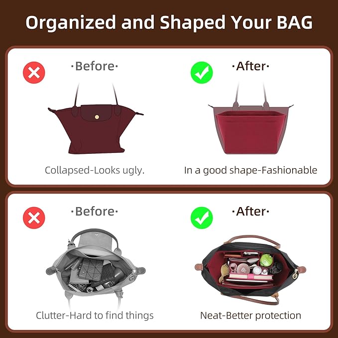 Doxo Purse Organizer Insert Compatible with Longchamp Le pliage L Handbag Insert Felt(L,Burgundy)