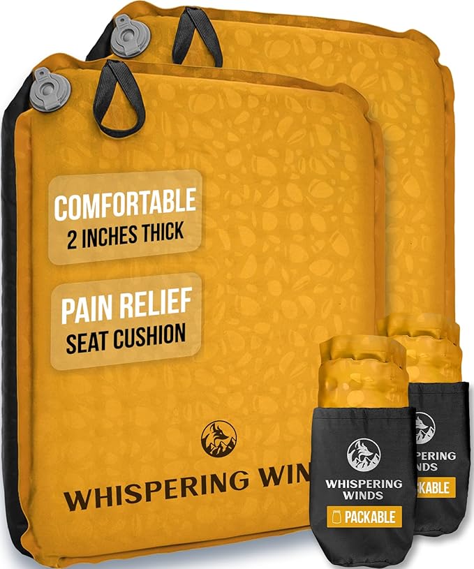 Whispering Winds Inflatable Seat Cushion - Comfortable Blow-up Foam Pad for Airplane, Travel, Stadium, Outdoors, Camping, Car & More