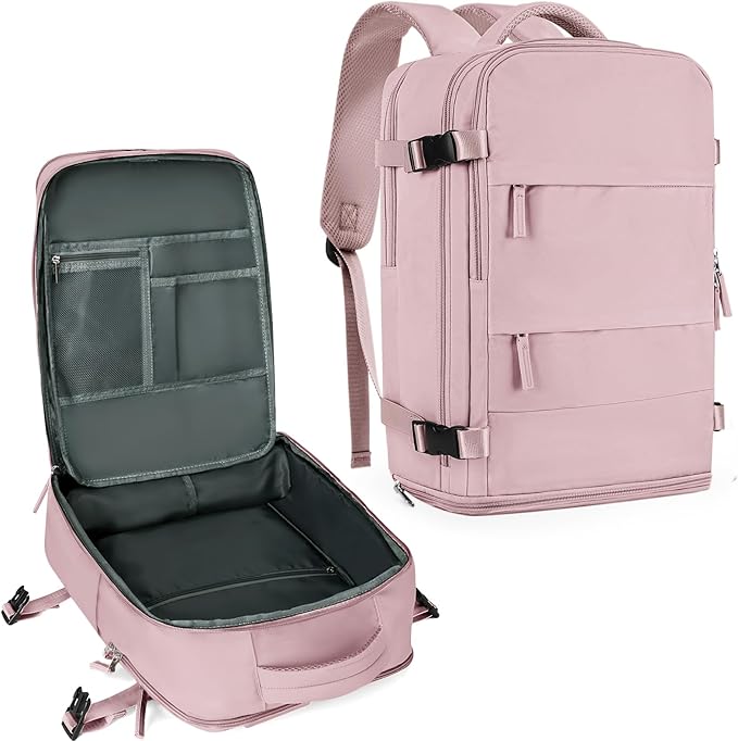 coowoz Large Travel Backpack For Women Men,Carry On Backpack Flight Approved,Hiking Backpack Waterproof Outdoor Rucksack Casual Daypack Fit 15.6 Inch Laptop Shoes Compartment (Pink Purple-L)