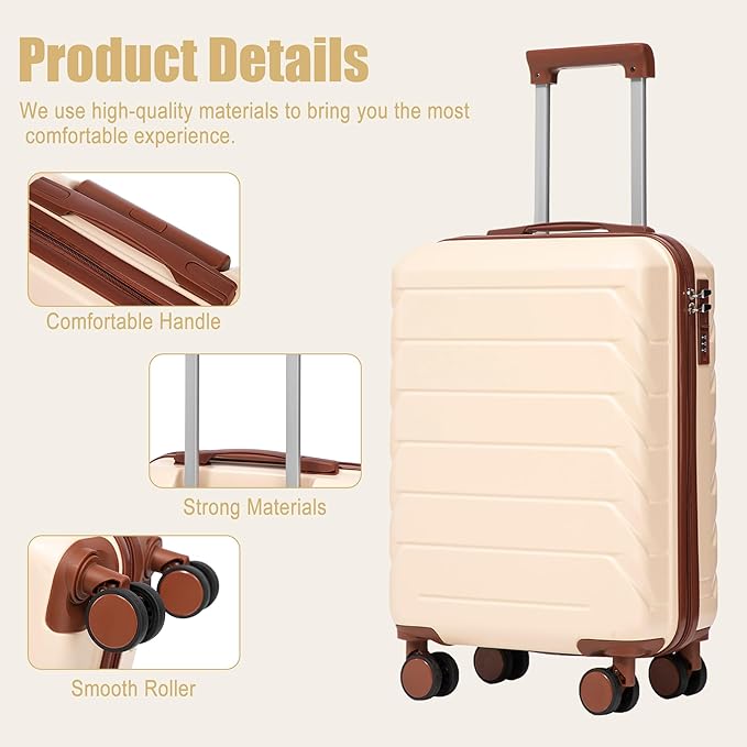 20 Inch Carry On Luggage, Lightweight ABS Hard Shell Suitcase with Spinner Wheels, Durable Travel Luggage with Combination Lock & Side Hooks for Men Women, Beige
