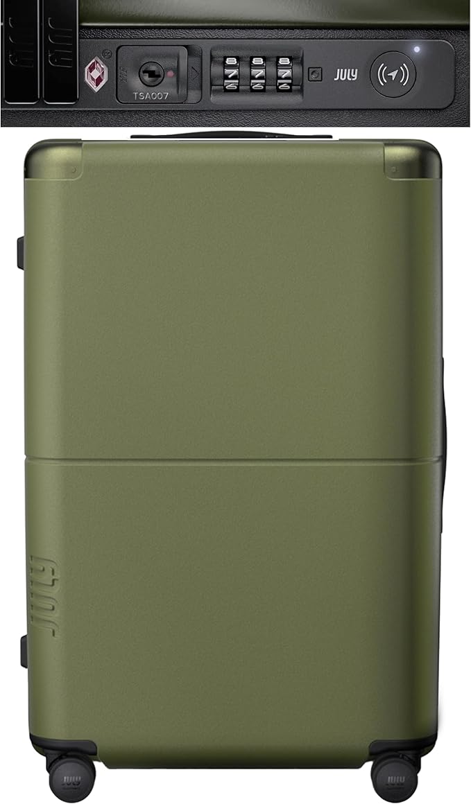 Checked Plus with CaseSafe - 28.75" Trackable TSA Lock Airline Approved Check In Luggage with Wheels, Rolling Suitcase for Men & Women - Silent Spinner Wheels, Y-Strap - Moss