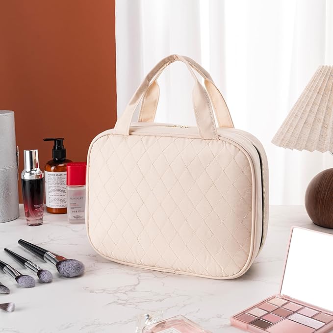 MODENGKONGJIAN Travel Toiletry Bag - Hanging Toiletry Bag for Women, Waterproof Makeup Cosmetic Bag Travel Organizer for Accessories, Shampoo, Full-size Container, Toiletries (Beige)