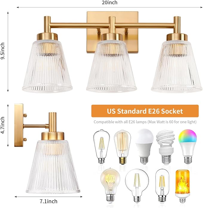 OCIOC 3-Light Bathroom Vanity Light, Modern Gold Wall Light Fixture With Stripe Glass, Farmhouse Bathroom Wall Sconces for Mirror, Kitchen, Bedroom, Living Room, Hallwa