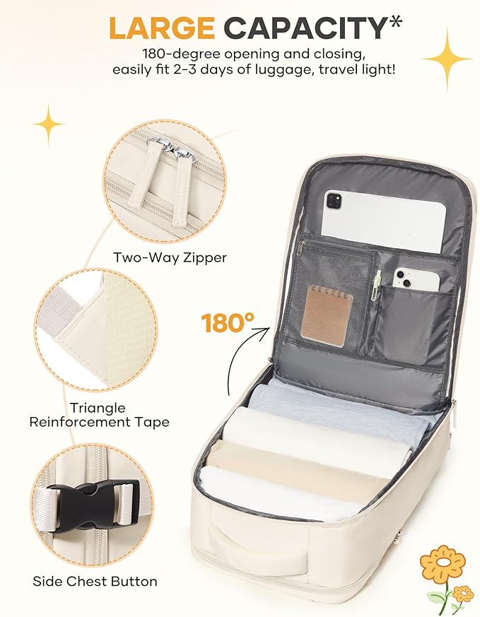 coofay Beige Travel Backpack For Women Men Airline Approved Personal Item Carry On Flight Approved Waterproof Backpack For Traveling On Airplane Weekender Travel Bag
