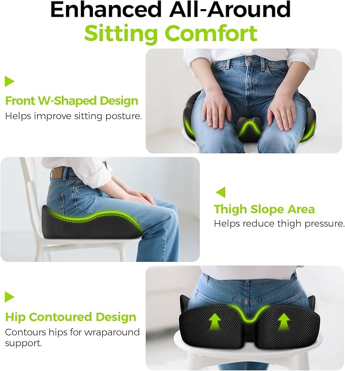 AUVON Gel Seat Cushion for Office Chairs, Ergonomic Memory Foam Chair Cushions for Long-Sitting Support & Sciatica, Back, Tailbone Pain Relief, Breathable Car Seat Cushion with Anti-Slip Base