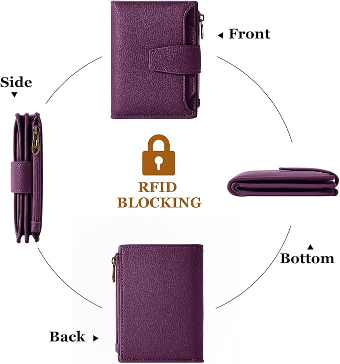Airkit Small Wallet Women RFID Blocking Soft Leather Bifold Compact Card Holder Wallet for Women with Zipper Coin Pocket 4 ID Window