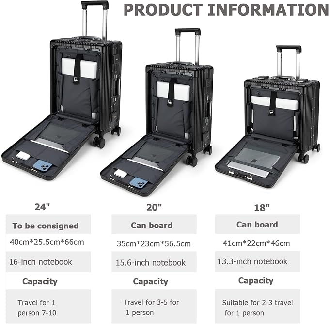 feilario Aluminium Frame PC Hard Shell Spinner Wheels Luggage,22.5"X15"X9.5" Airline Approved Built-In TSA lock Carry on Suitcase, with Cup Holder, USB Port, Phone Holder