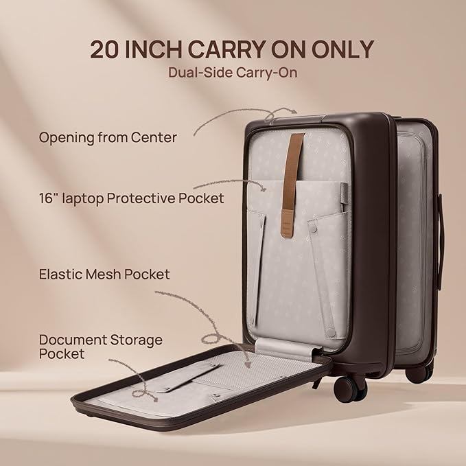 NINETYGO Carry On Luggage 22x14x9 Airline Approved, 20 Inch Suitcase with Front Compartment, Coffee-Infused PC Hard Shell, Eco-Friendly, Cup Holder, Clamshell, TSA Lock, Spinner Wheels (Americano)