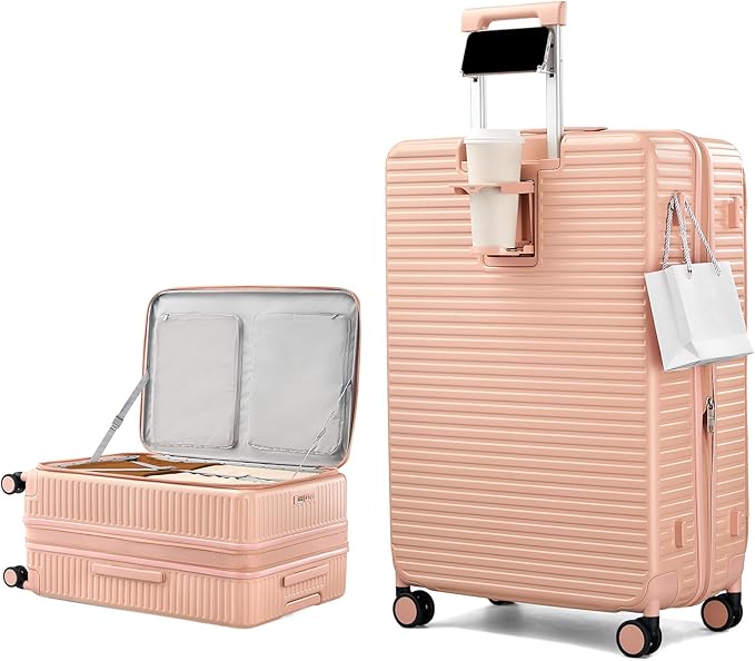 HanTrip Hard Shell Suitcases 28 Inch Large Checked Luggage with Spinner Wheels Cup Holder, Expandable Check in Luggage Lightweight Top Opening Luggage Big Rolling Suitcase with Lock, Pink