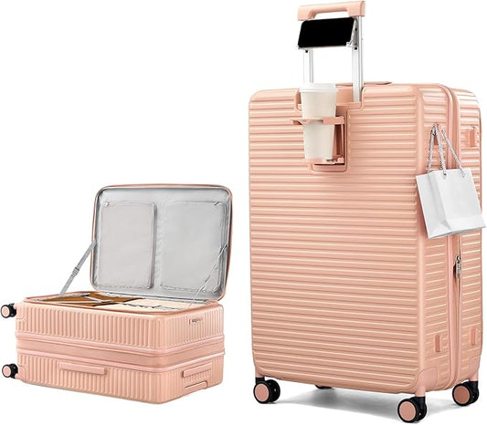 HanTrip Hard Shell Suitcases 28 Inch Large Checked Luggage with Spinner Wheels Cup Holder, Expandable Check in Luggage Lightweight Top Opening Luggage Big Rolling Suitcase with Lock, Pink
