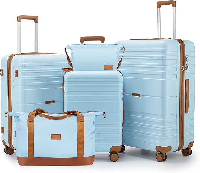 Luggage Sets with spinner wheels, PC+ABS Hard Shell Travel Luggage,Lightweight Carry-on suitcases with TSA Lock,YKK Zippers (Light Blue, 5 piece sets(20/24/28/DB/TB))