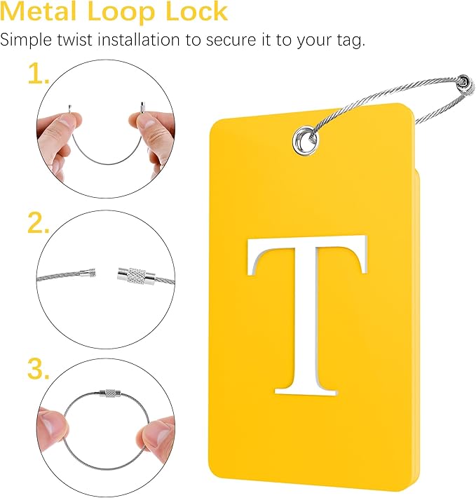 Gostwo 2 Pack Luggage Tags for Suitcases, 26 Initial Letter Travel Luggage Baggage Identification Labels ID Tag Fully Bendable Tags with Stainless Steel Loop (Yellow) (Letter T)