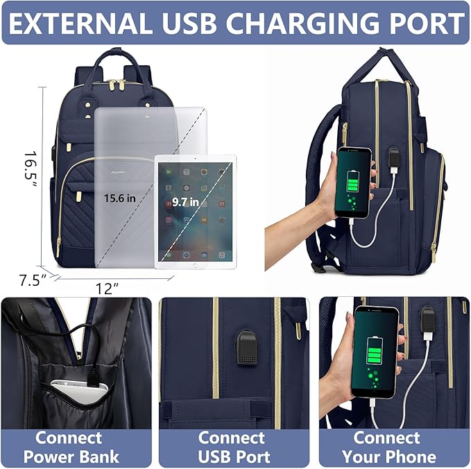 Laptop Backpack for Women Work Bag - 15.6 inch Travel Backpack Purse with USB Charger College Bookbag Waterproof Cute Casual Daypack Fashion Business Computer Backpacks for Teacher Nurse Dark Blue