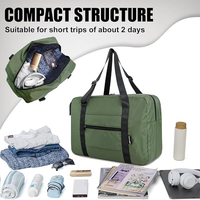 Small Duffle Bag for Men Women, Mini Gym Bag Foldable Travel Tote Carry On Luggage with Trolley Sleeve, Army Green