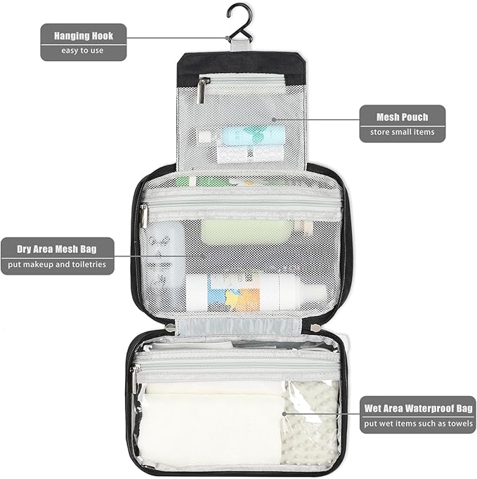 Etercycle Compact Travel Toiletry Bag for Women & Men, Waterproof Hanging Shower Organizer with Hook, Portable Foldable Wash Pouch for Bathroom/Shaving/Camping - Small-Size Space-Saving Design- Black