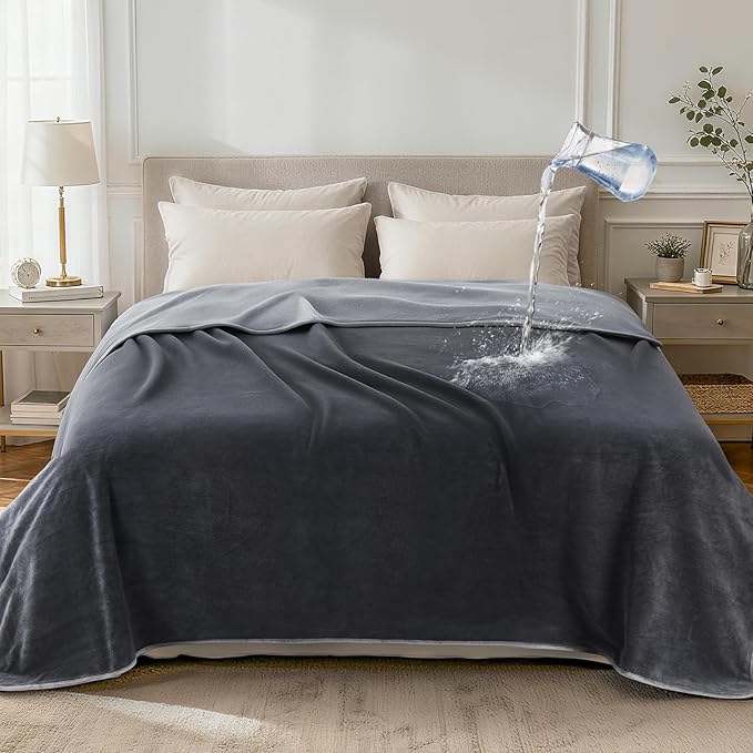 LOOBANI Waterproof Blanket for Bed: Reversible Leakproof Full/Queen Bed Blankets 80" x 90", Soft Flannel & Coral Fleece Bed Blanket Water Resistant for Couch Sofa Cover, Movie Time, Camping, Grey