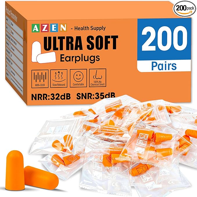 AZEN 200 Pairs Ear Plugs, NRR 32dB Soft Foam Ear Plugs for Sleeping Noise Cancelling, Earplugs for Concerts Shooting Swimming Noise Reduction,Individually Wrapped (Orange)