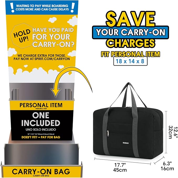 For Spirit Airlines Personal Item Bag 18x14x8 Foldable Travel Duffel Bag Tote Carry on Luggage Duffle Overnight for Women and Men