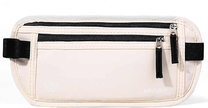 Money Belt - Slim Passport Holder RFID Blocking Travel Wallet Undercover Fanny Packs for Men Women - Beige