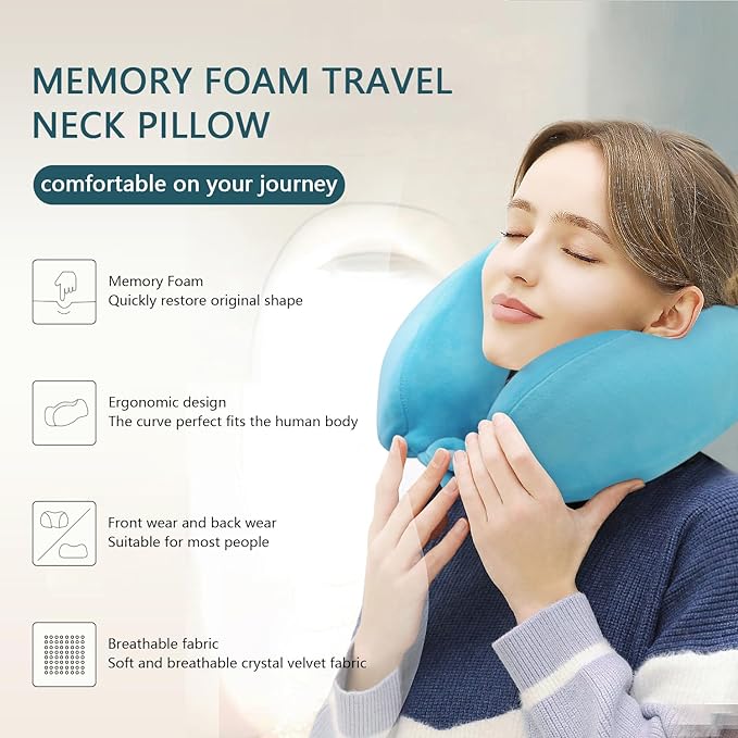 Travel Neck Pillow Comfort Memory Foam Neck Pillows for Airplanes Neck Support Pillow for Sleeping Traveling Trains Cars Offices Home Rest Blue