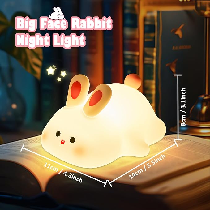 OkiyiD Bunny Lamp,Big Face Rabbit Night Light for Kids, Cute Easter Bunny Gifts, Kawaii Nursery Bedroom Decor, Rechargeable Silicone LED Squishy Night Light