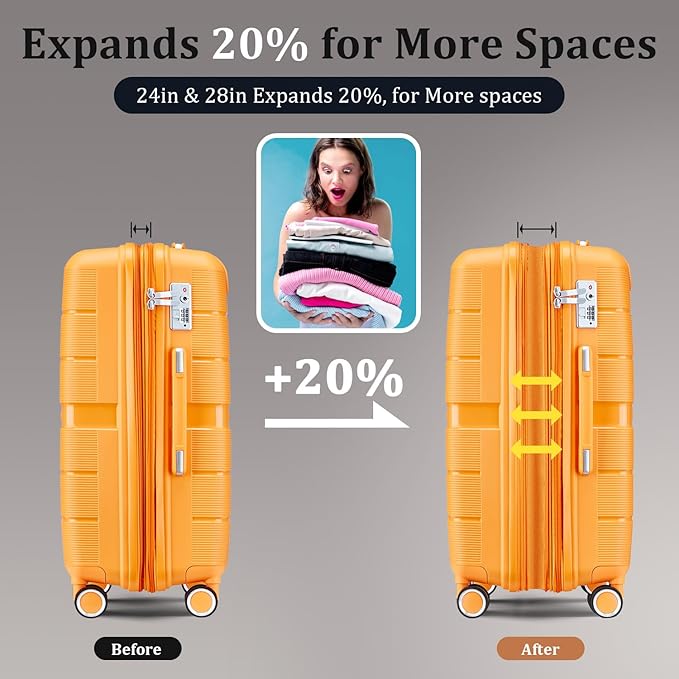4 Piece Expandable Hardshell Pink Luggage Sets with Spinner Wheels, Lightweight Travel Suitcase Set with TSA Locks, 20 inch Carry On for Women (Orange, 4 Piece Set)