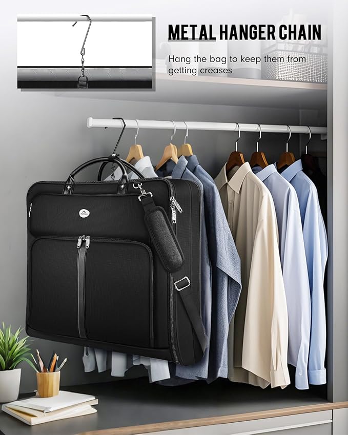 MATEIN Mens Garment Bags for travel, Large Travel Suit Bag Up to 7 Suits with Strap, Wrinkle Free Carry On Garment Bags for Hanging Clothes, Business Suitcase Luggage Bag Fit 17.3 Inch Laptop, Black