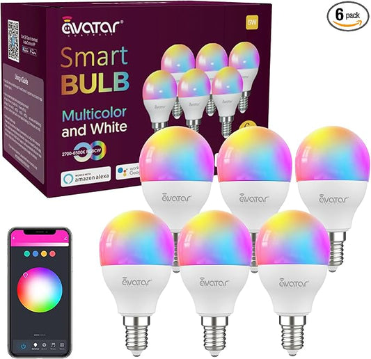 6 Pack E12 Smart LED Light Bulbs, 5W Alexa Small Base Candelabra Bulb, Group Control Wi-Fi Ceiling Fan Bulbs Color Changing & Tunable White (2700K-6500K), No Hub Required, App & Voice Control