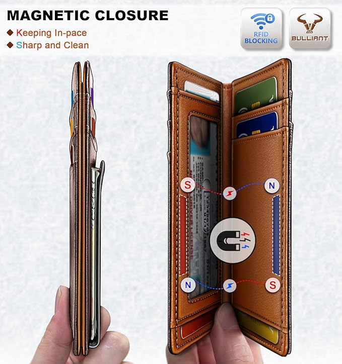 BULLIANT Magnetic Closure Slim Wallet-Genuine Leather Front Pocket Wallet for Men,RFID Blocking,Holds 12 Cards and Money Clip