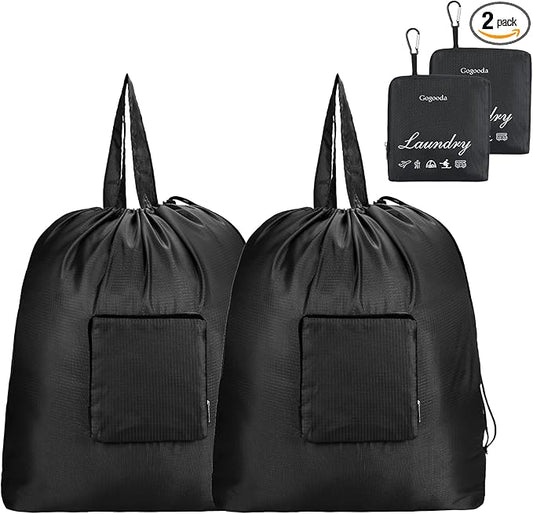 GOGOODA Travel Laundry Bags with Drawstring Closure XL Large Foldable Dirty Clothes bags with Handle Heavy Duty and Washable for College Dorm Travelling Camping, 2 Pack, Black