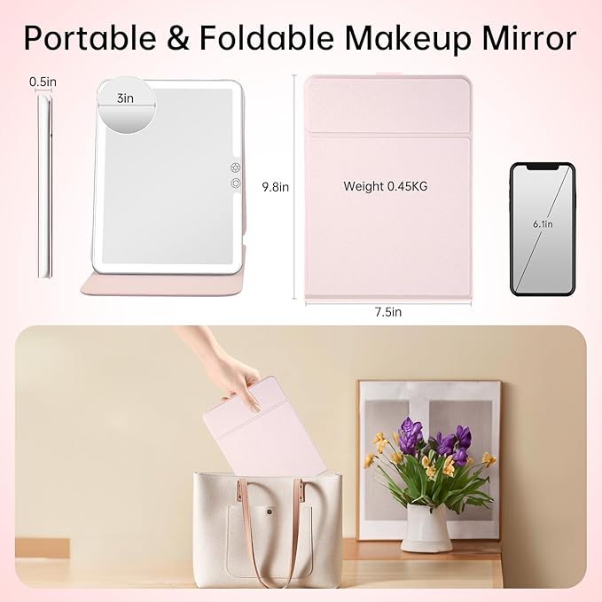 FUNTOUCH 2500mAh Large Rechargeable Travel Makeup Mirror with Lights, Portable Makeup Mirror with 10X Magnifying Mirror 3 Lighting Modes, Tabletop Folding Travel Mirror with PU Leather Cover (Pink)