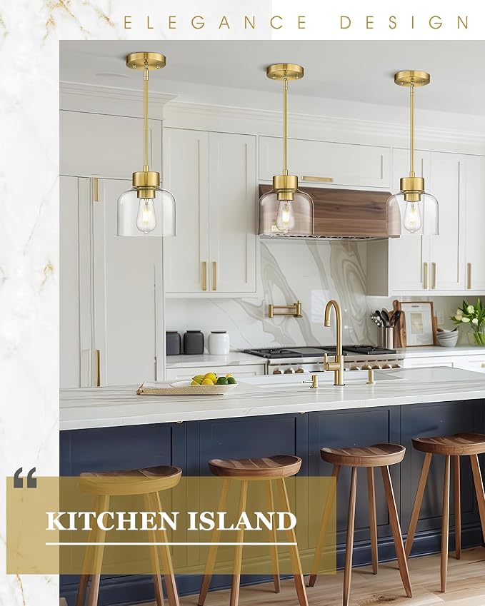 2-Pack Pendant Lights Kitchen Island, 7" Brushed Gold Hanging Lights Fixtures with Clear Glass Shade, Modern Brass Kitchen Pendant Lighting Over Island for Dining Room, AD-24024-1P2-GD