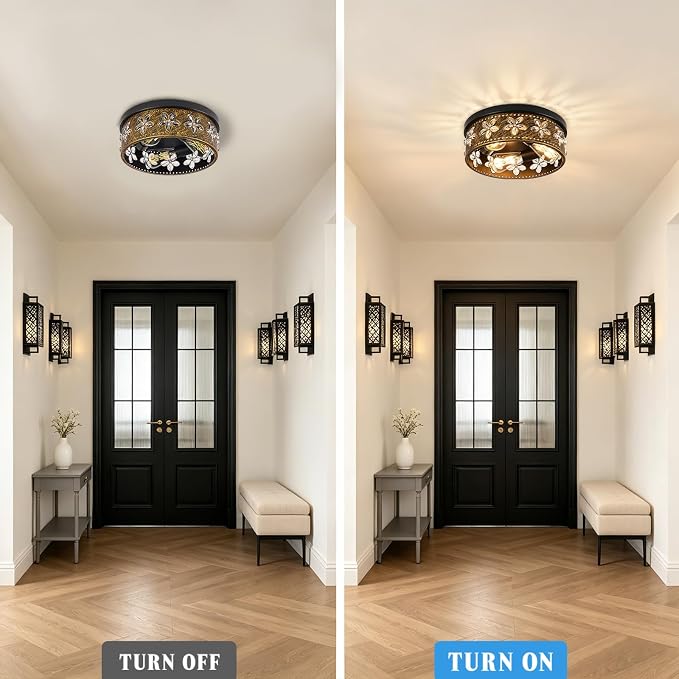 12.6 Inch Black Flush Mount Ceiling Light Fixture, 2 Pack | 3-Light, Flower, Farmhouse, Kitchen, Dining Room, Bedroom, Living Room, Foyer, Entryway
